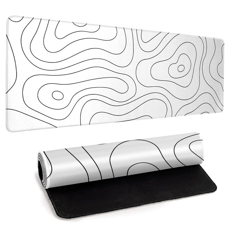 White Large Gaming Mouse Pad Desk Pad Topographic Map Big Keyboard Mat 31.5x11.8inch Computer
