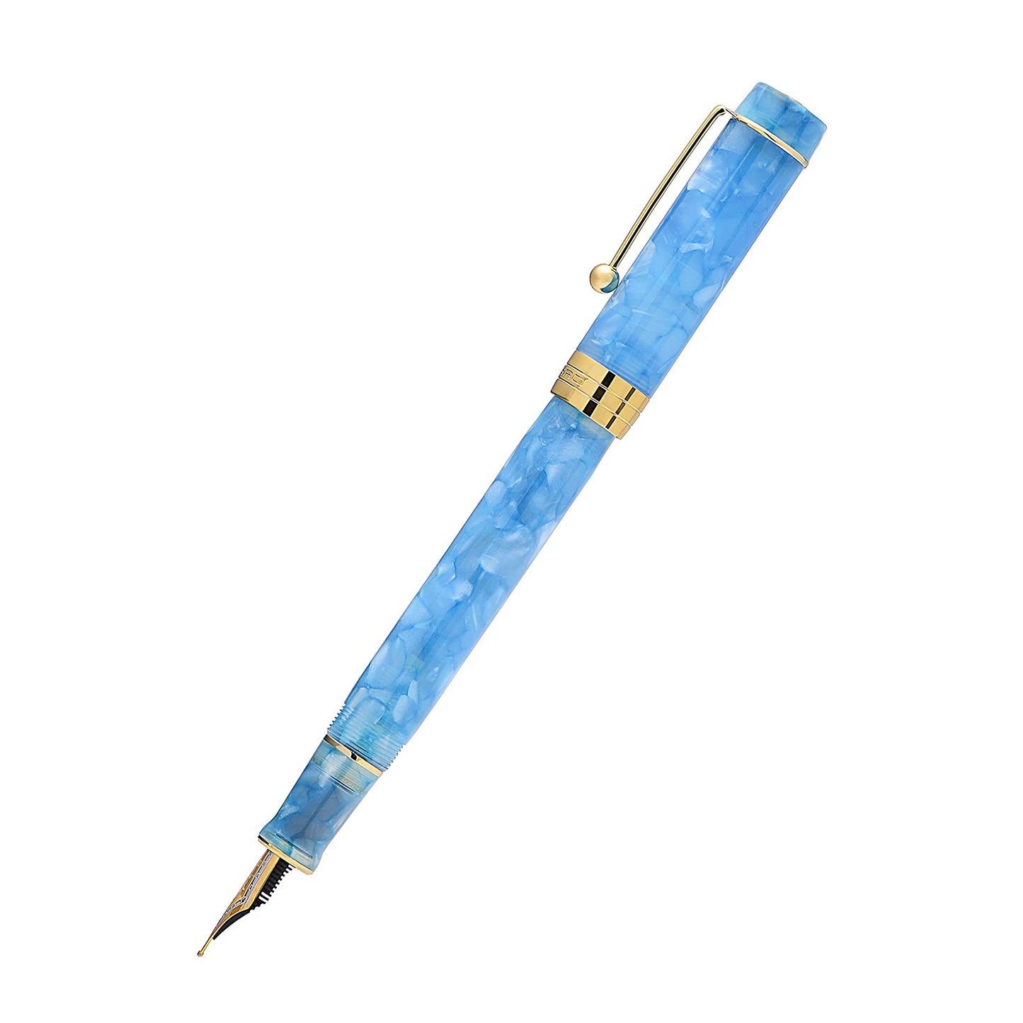 Jinhao 100 Classic Fountain Pen Sky Blue Celluloid Gold Trim, Medium Nib with Converter and Pen