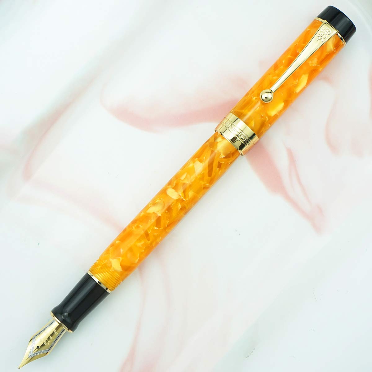 Jinhao 100 Classic Fountain Pen Orange Marble Celluloid, Extra Fine Nib with Converter and Pen Case