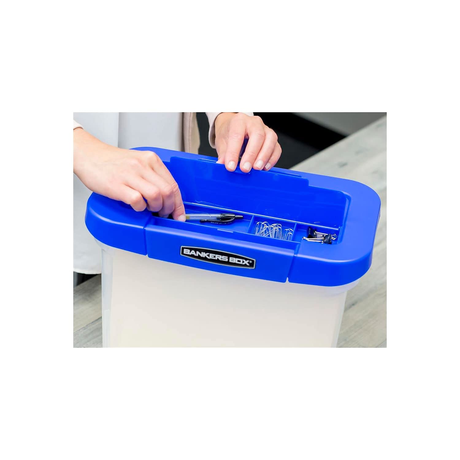 Heavy-Duty Portable File Box, Letter Files, 14.25"L x 10.6"W x 11"H, Clear/Blue