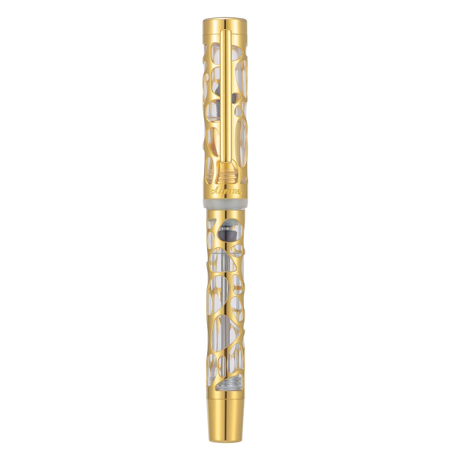 Asvine V169 Vacuum Filling Fountain Pen Fine Nib, Water Drop Skeleton Gold Trim Transparent Clear