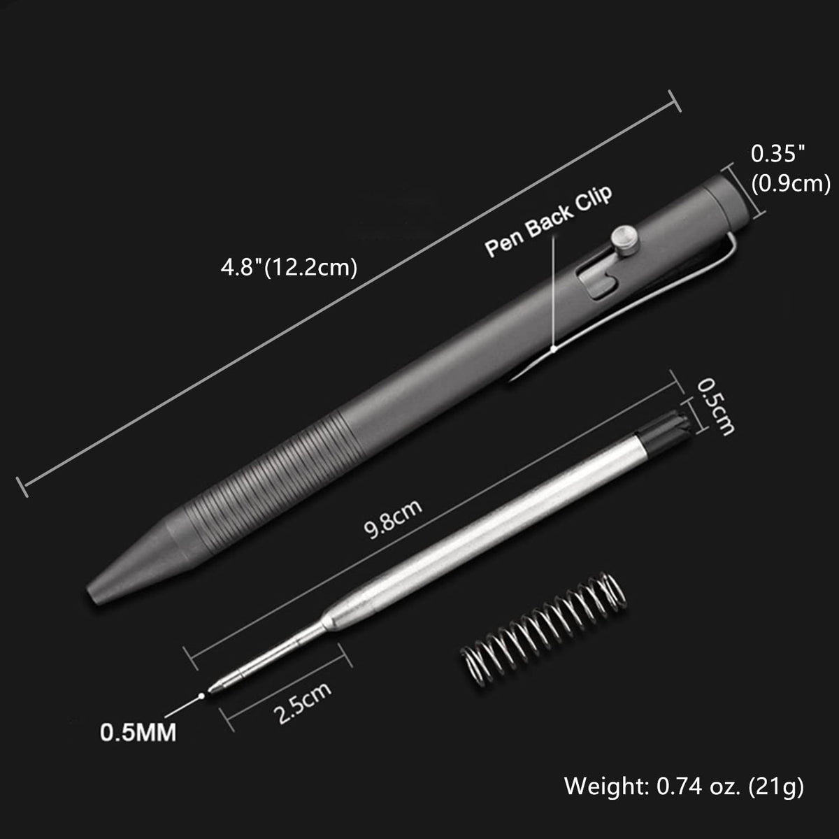 Lary Gray 4.8'' Titanium Alloy Bolt Action Pen with 3 Extra Refills in Box