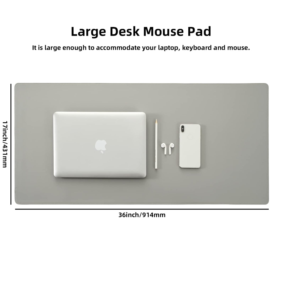 Wolaile PU Leather Desk Pad Blotter,Light Grey Waterproof Office Desktop Mat,36x17in Non-Slip Large