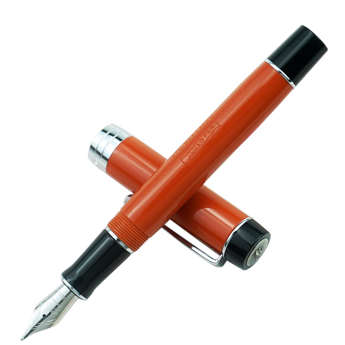 Jinhao Classic Fountain Pen with Jinhao Stamp, Orange Red Celluloid Silver Trim, Medium Nib with
