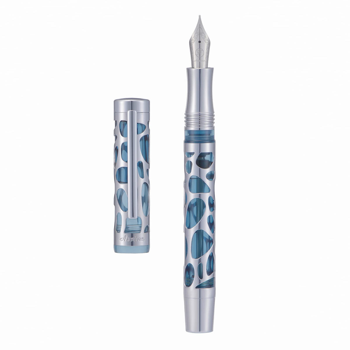 Asvine V169 Vacuum Filling Fountain Pen Medium Nib, Water Drop Skeleton Transparent Gray Blue