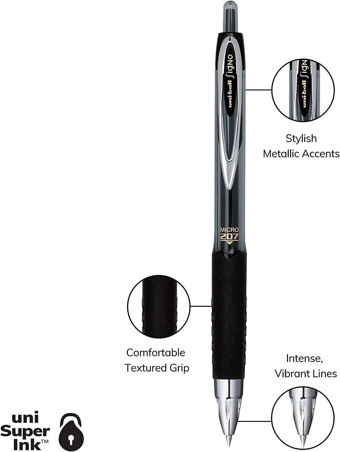 Uni-Ball Signo 207 Retractable Gel Pens, Micro Point, 0.5mm, Black & Blue Ink, 12 Pack (6 Black, 6