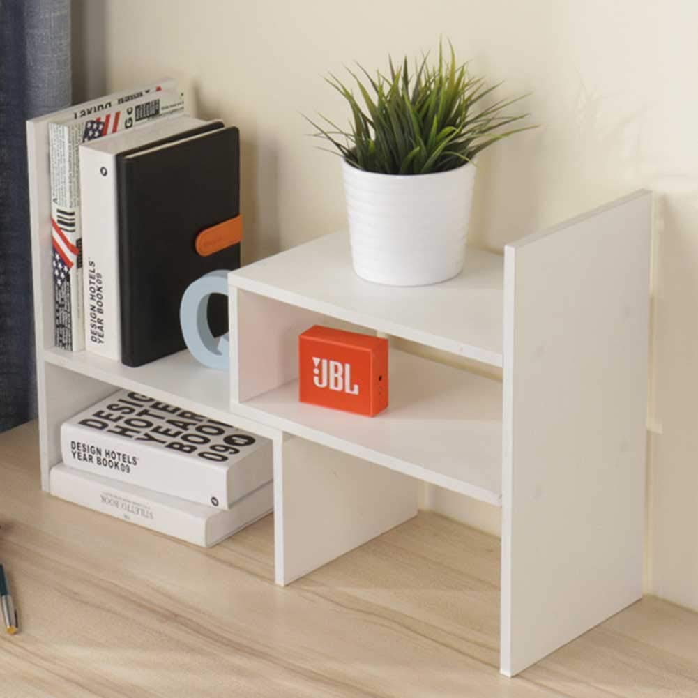 Sorfity Expandable Wood Desktop Bookshelf Desktop Organizer Office Storage Rack Wood Display Shelf