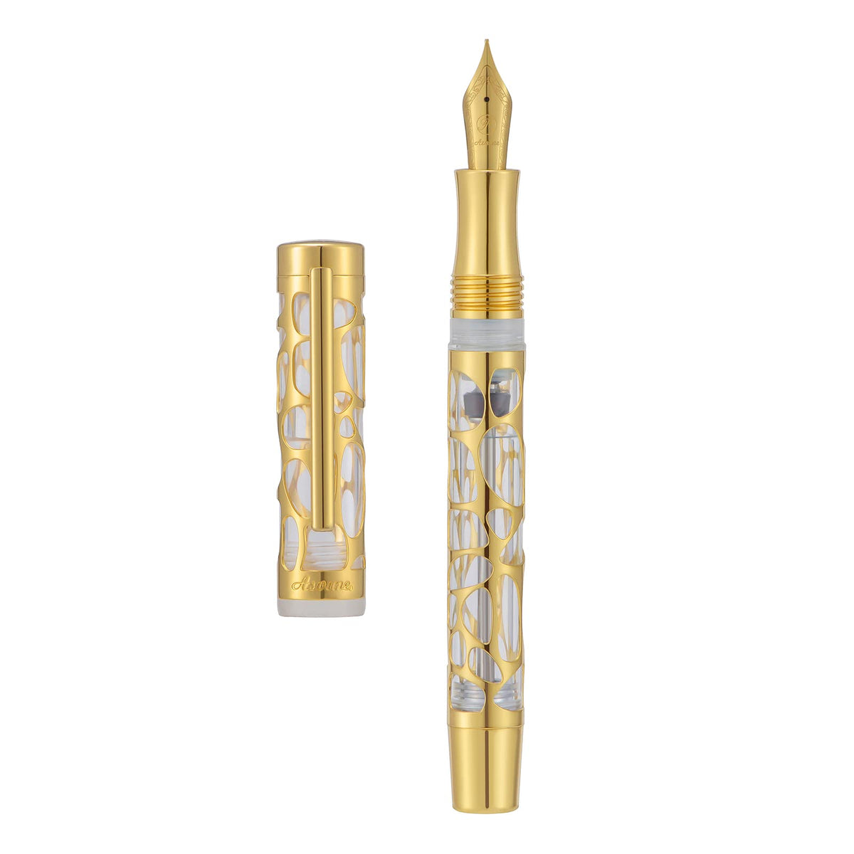 Asvine V169 Vacuum Filling Fountain Pen Fine Nib, Water Drop Skeleton Gold Trim Transparent Clear