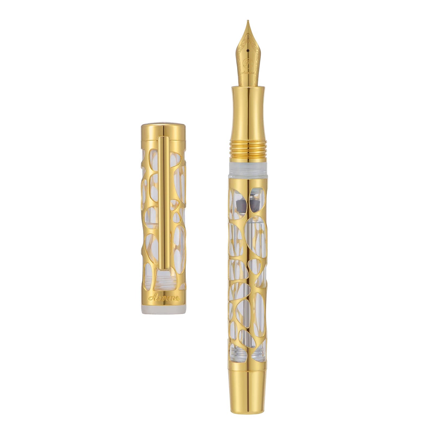 Asvine V169 Vacuum Filling Fountain Pen Extra Fine Nib, Water Drop Skeleton Overlay Gold Trim