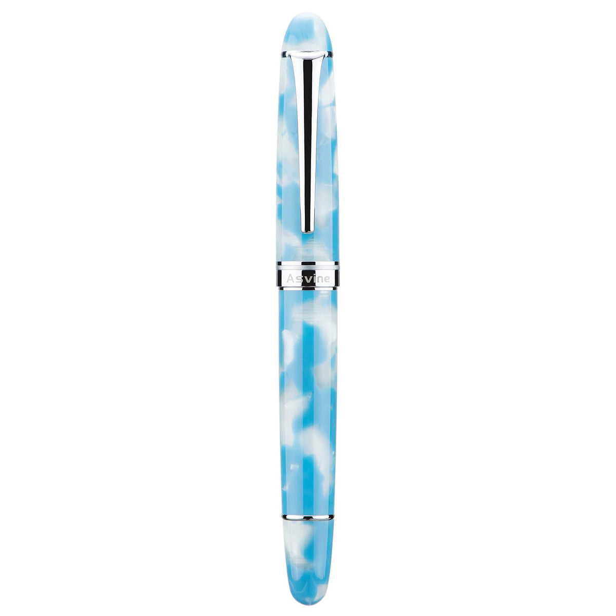 Asvine P50 Piston Fountain Pen Sky Blue Resin, Medium Nib Silver Trim Smooth Writer Collection with