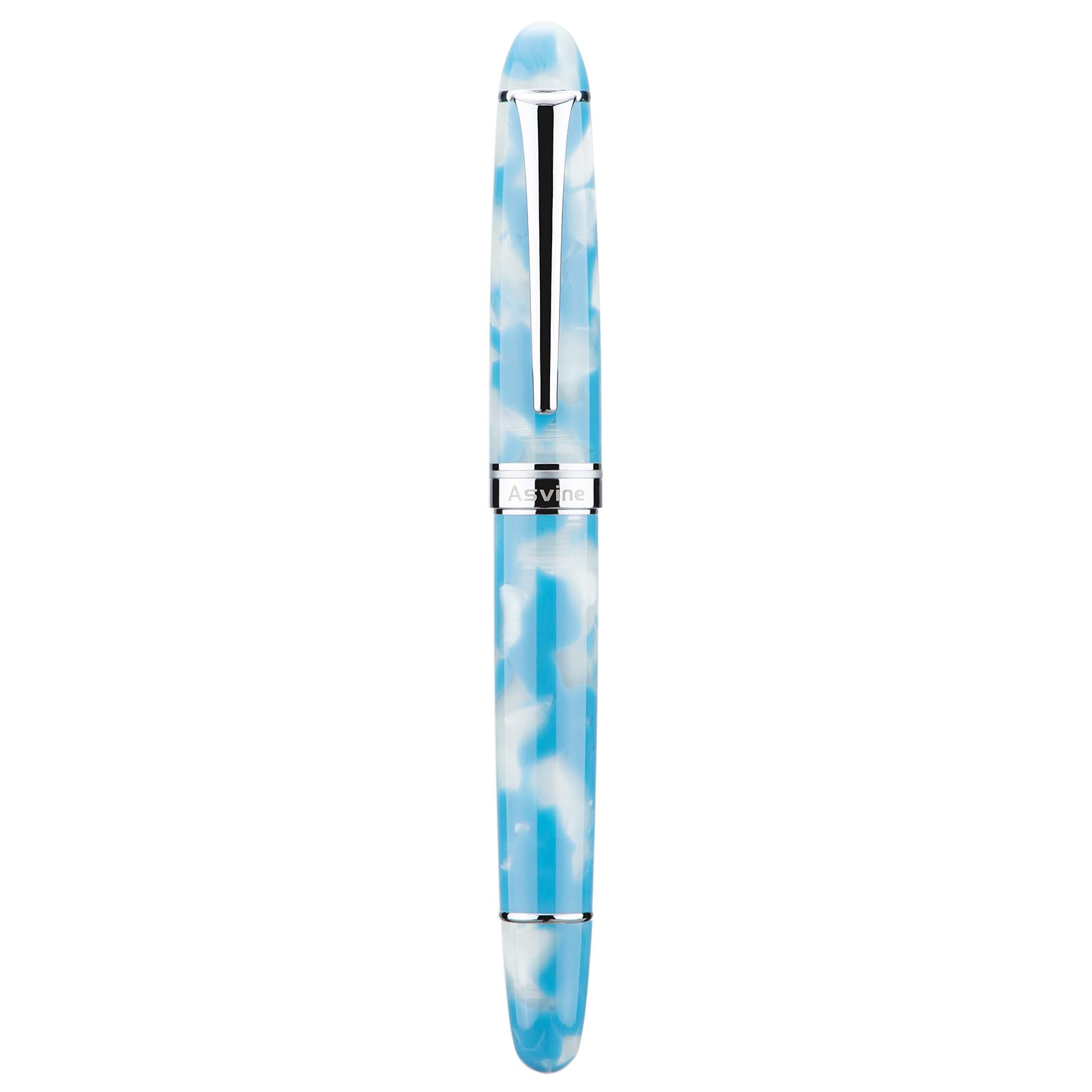 Asvine P50 Piston Fountain Pen Sky Blue Resin, Medium Nib Silver Trim Smooth Writer Collection with