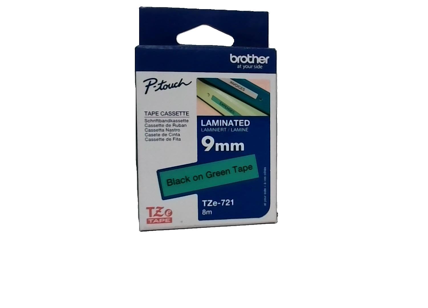 Brother TZe-721 Labelling Tape Cassette, 9 mm (W) x 8 m (L), Laminated, Brother Genuine Supplies