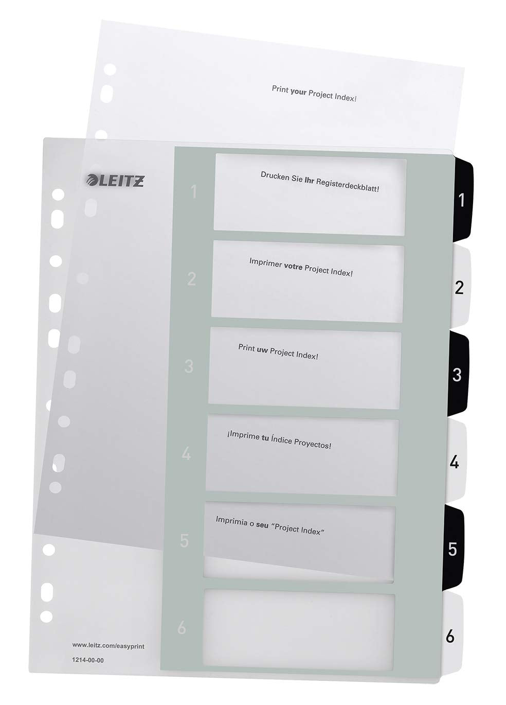 Leitz Wow Printable Index, Extra-Wide, 1-6 Numbered Tabs, PP, A4, White/Black