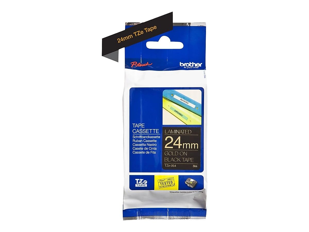 Brother Genuine P-Touch TZE-354 Tape, 1" (0.94") Wide Standard Laminated Tape, Gold on Black