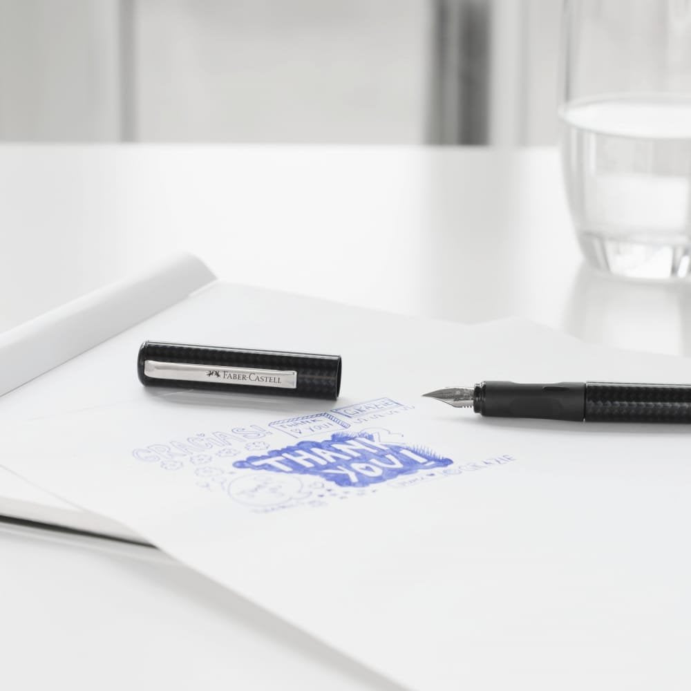 Faber-Castell Fountain Pen Carbon Design Medium Nib + 6 Blue Ink Cartridges, SCHOOL+, 149809