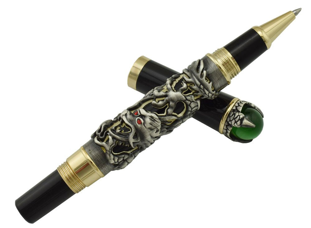 Jinhao Gray Dragon Playing Pearl Roller Ball Pen with Jewelry on Top with Pen Pouch for Journal