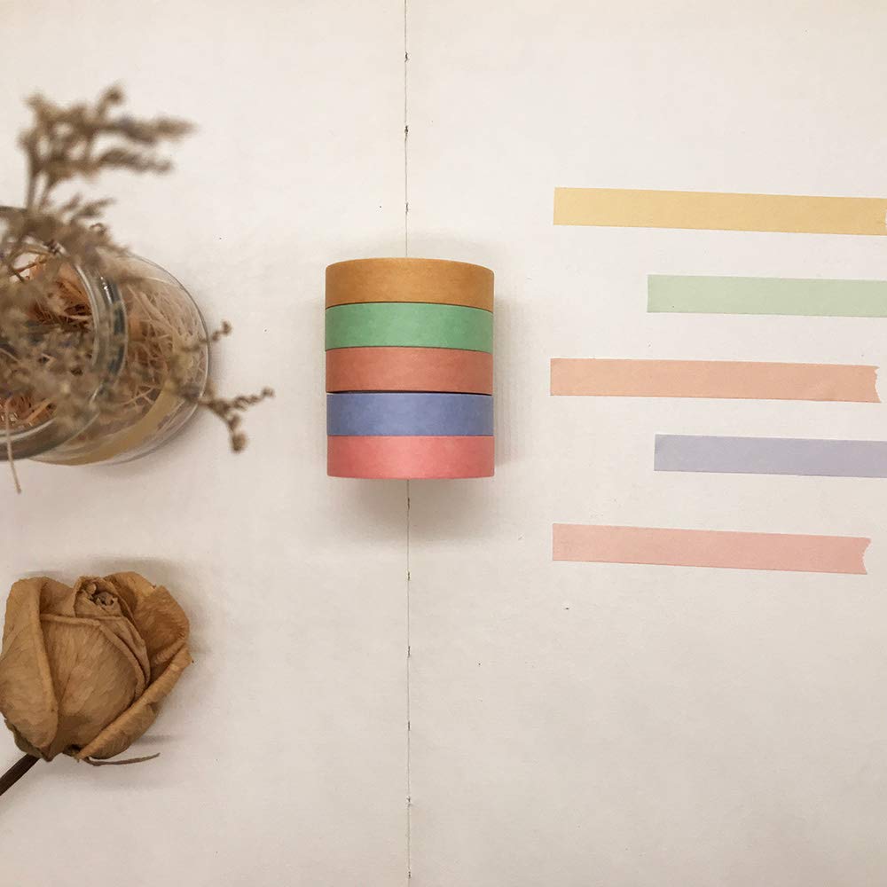 EnYan Solid Color Washi Tapes Set, 5 Rolls Basic Collection Decoration 10mm Wide Japanese Masking