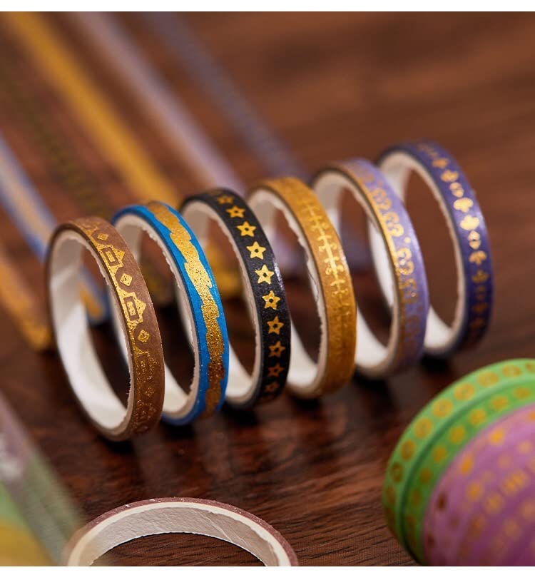 YUBX Skinny Gold Washi Tape Set Basic Foil Print Decorative Masking Tapes for Arts, DIY Crafts