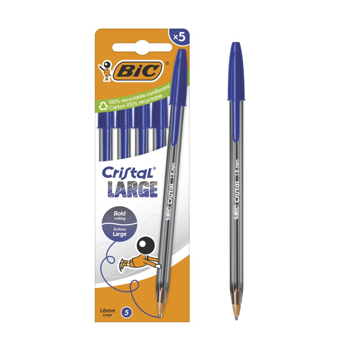 BIC Cristal Large Ballpoint Pen with Wide Tip (1.6mm) for Easy Readability - Blue Ink (Pack of 5)