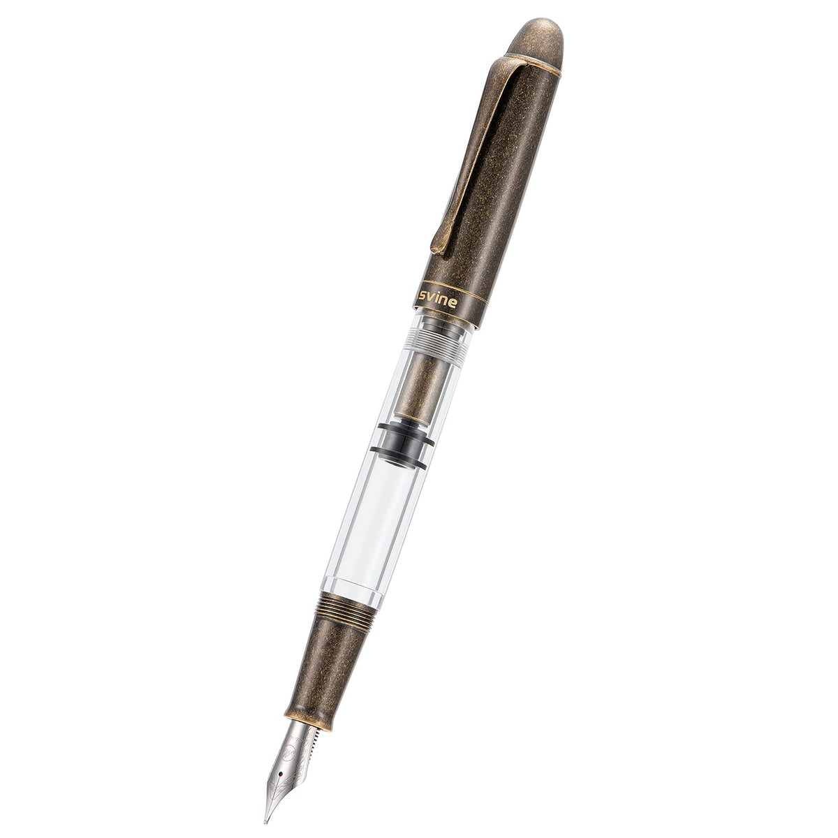 Asvine P30 Piston Fountain Pen Medium Nib, Retro Brass Style, Transparent Acrylic Large Ink