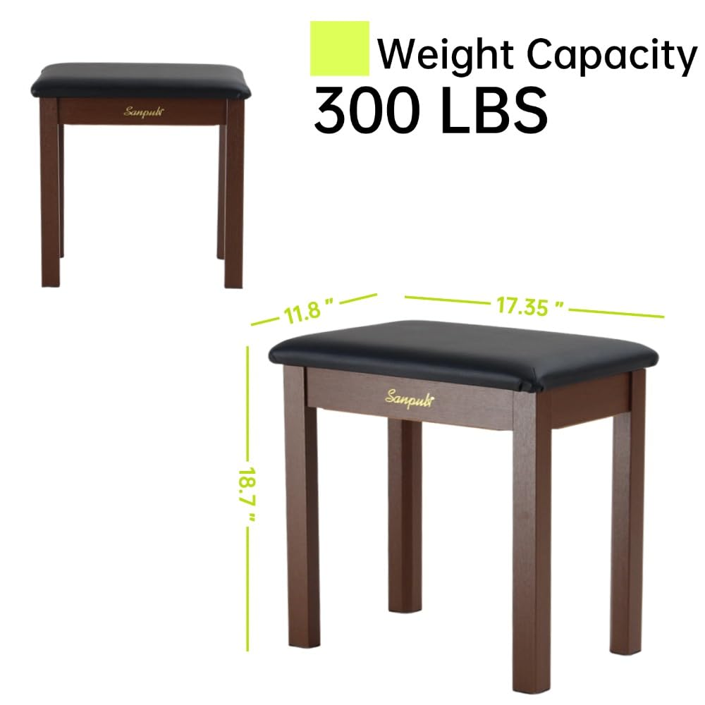 Sanpuli Solid Wood Piano Bench with Storage, Piano Stool and Padded Cushion, Keyboard Bench with