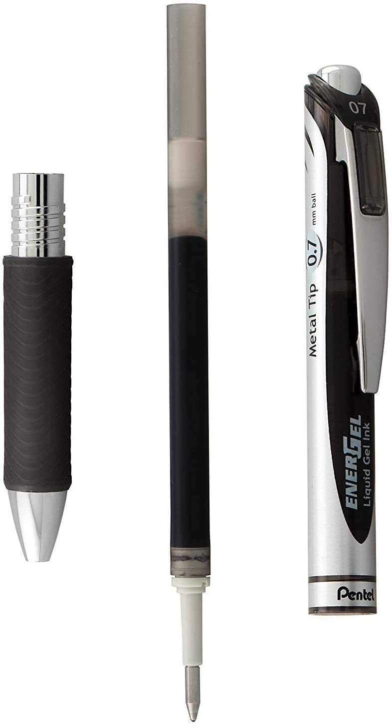 Pentel Energel 0.7 mm Deluxe RTX Liquid Gel Ink Pens, Metal Tip, Pack of 5 Black Pens with 3 Refills