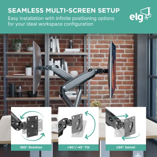 ELG Dual Monitor Stand, Gas Spring with Independent Arms, 17-35" Screens up to 19.8 lbs Each, 360°