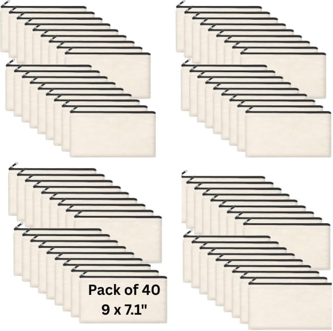 40pcs Blank canvas Zipper Pouch Makeup Bags Bulk, Smooth Zipper Pencil Case