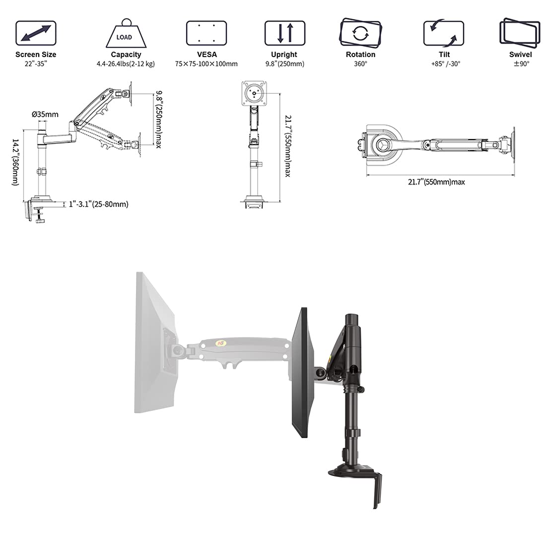 NB H100 Heavy Duty Desk Mount Arm with Gas Spring for LCD Screens 22-35 Inches