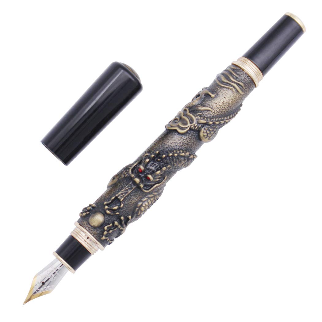 Gullor Luxury Fountain Pen Jinhao Chinese Dragon/Loong Bronze Basso-relievo Medium Nib