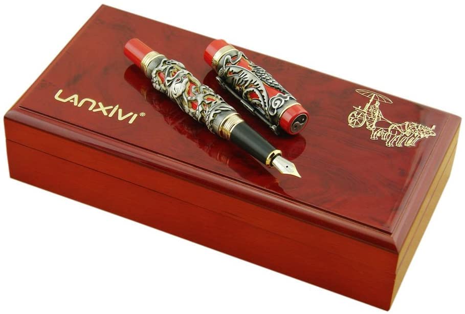 Jinhao Dragon Phoenix 3d Embossment Gray Red Fountain Pen Medium Nib Chinese Ruyi Clip Wooden Box