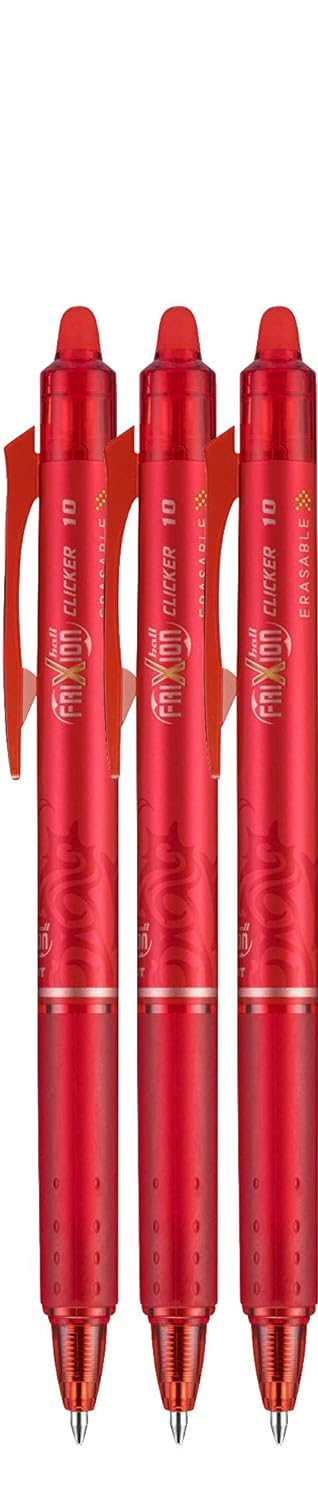 Clicker Retractable Erasable Gel Pen, Red, Bold Point, 3-pk;