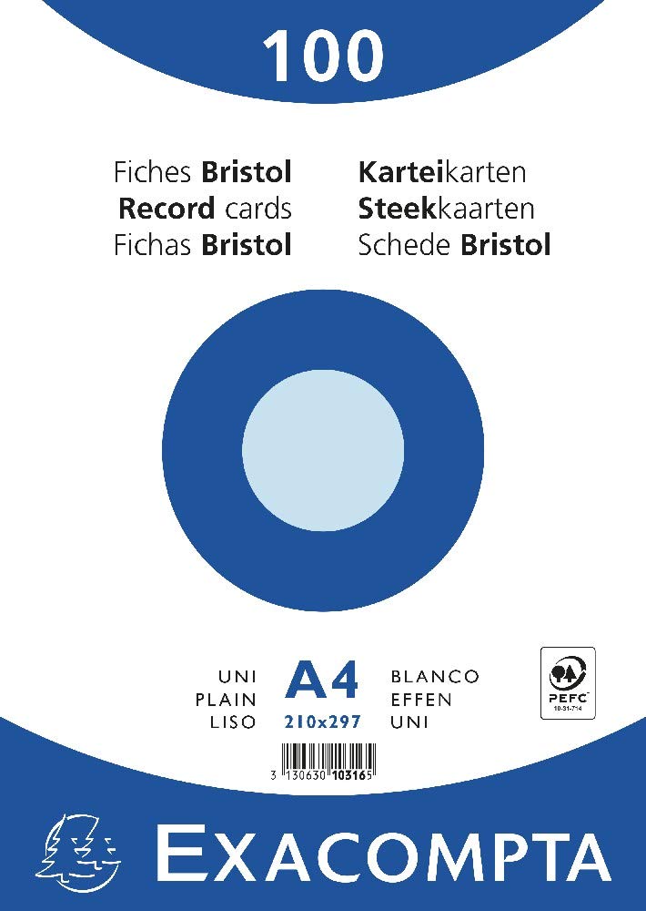 Exacompta - Ref 10316E - Bristol Plain Record Cards (Pack of 100) - A4 in Size, 205gsm Card