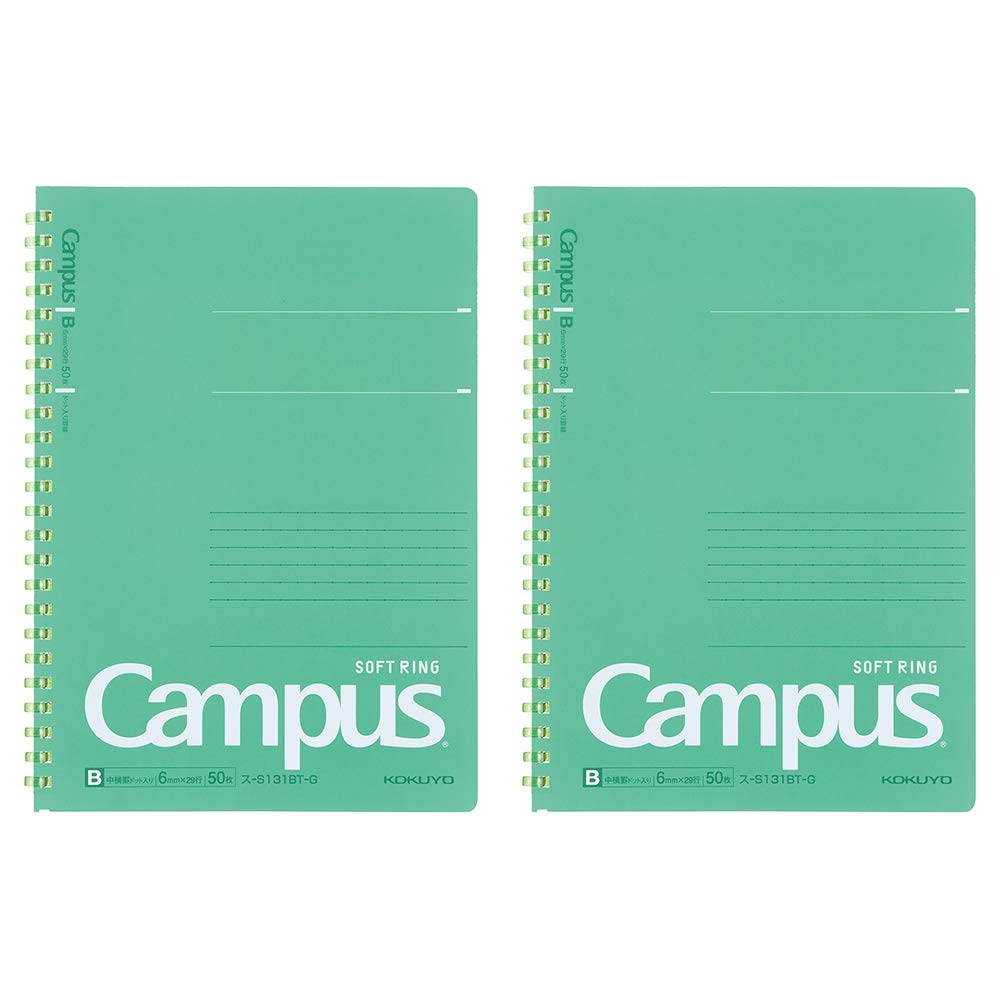Kokuyo Campus Soft Ring Notebook, A5, B 6mm Dot Ruled, 29 Lines, 50 Sheets, Green, Set of 2, Japan