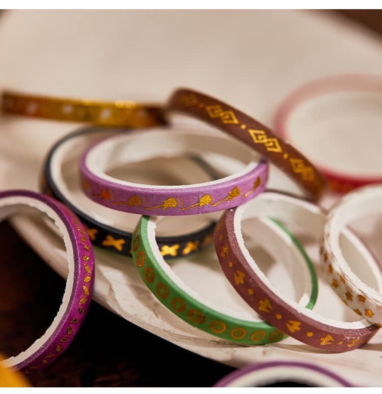 YUBX Skinny Gold Washi Tape Set Basic Foil Print Decorative Masking Tapes for Arts, DIY Crafts