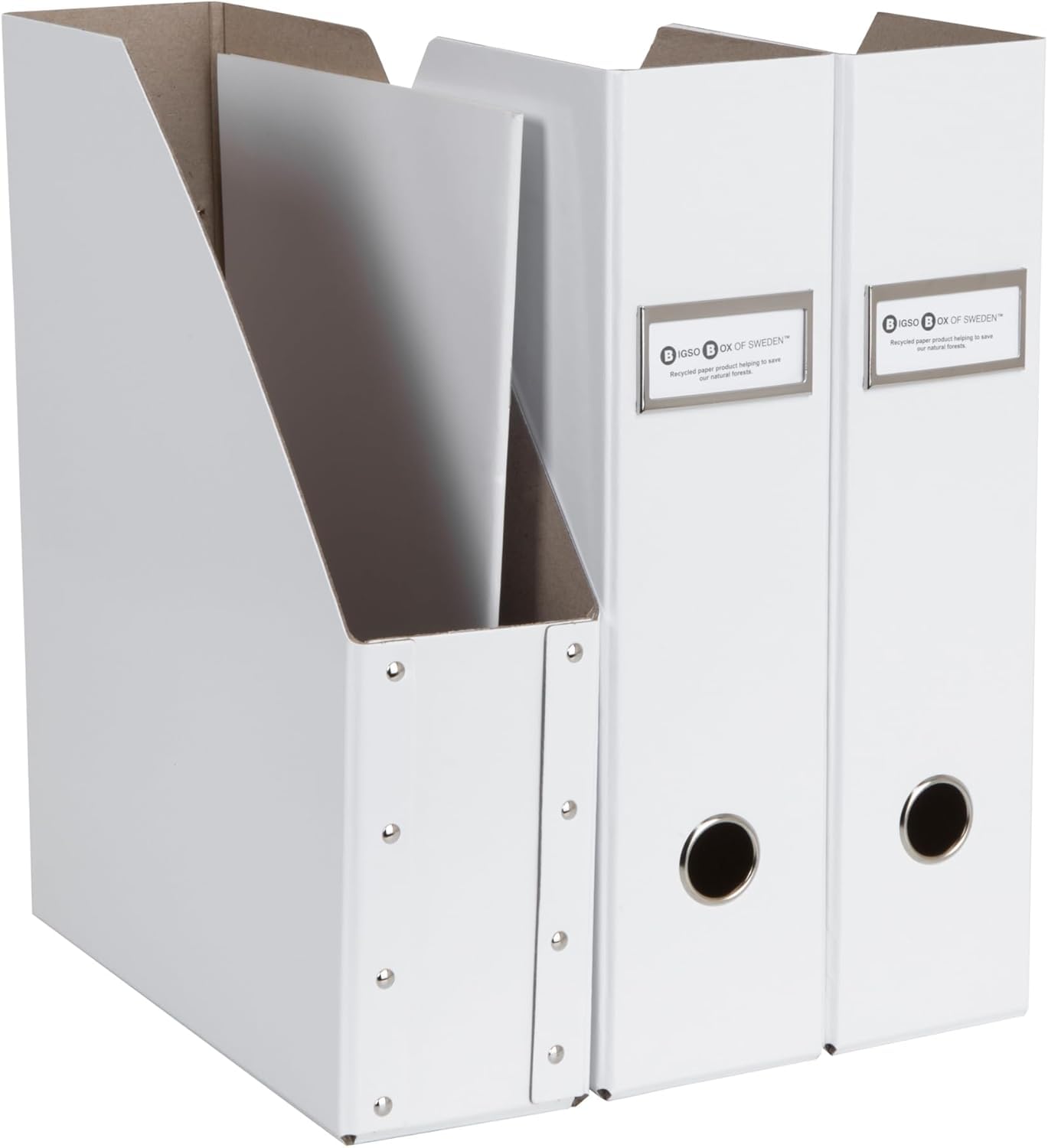 Bigso Fiona 3 Piece Fiberboard Upright Magazine Storage Boxes for Papers with Metal Label Holder