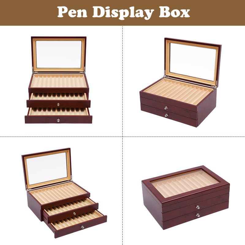 3 Layer Wood Pen Display Box 34 Pen Organizer Box,Pen Display Case Storage and Fountain Pen