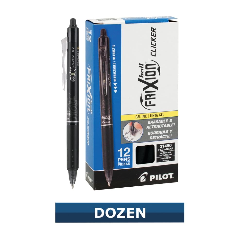 Pilot FriXion Ball Clicker Retractable Erasable Gel Pen, Fine Point, 0.7mm, Black Ink, 12 Count
