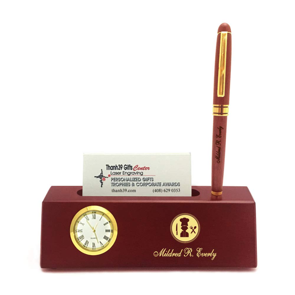 Personalized Solid Rosewood Business Card Holder with Clock and Pen for Chef Cook