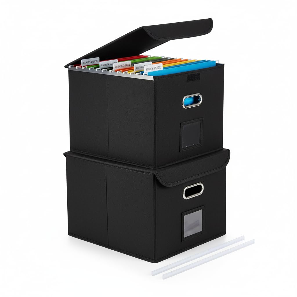 File Organizer Box with Lid (Black, 14.9 x 12.59 x 10.8 inch, 2-Pack)
