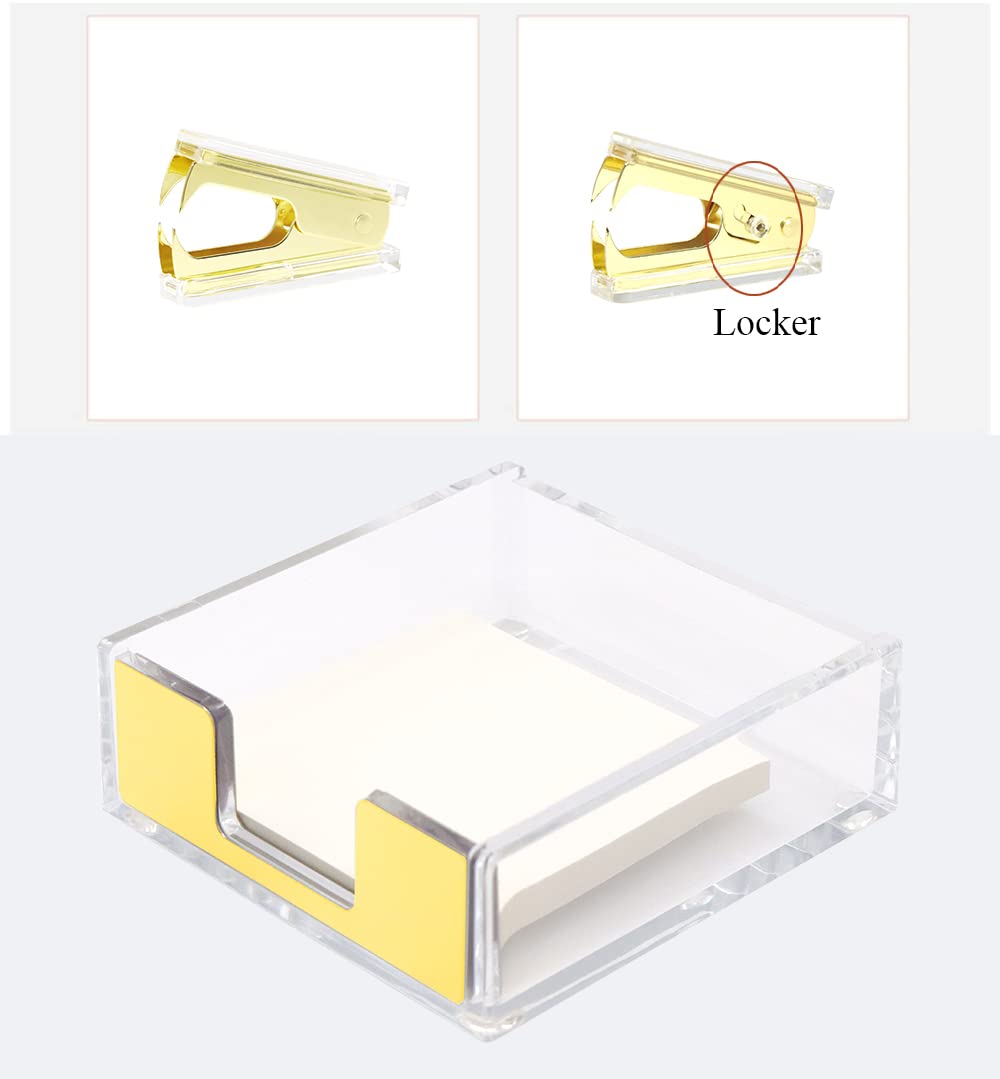 Clear Acrylic Body Bright Yellow Gold Tone Self-Stick Note Pad Holder N Staples Remover Set for