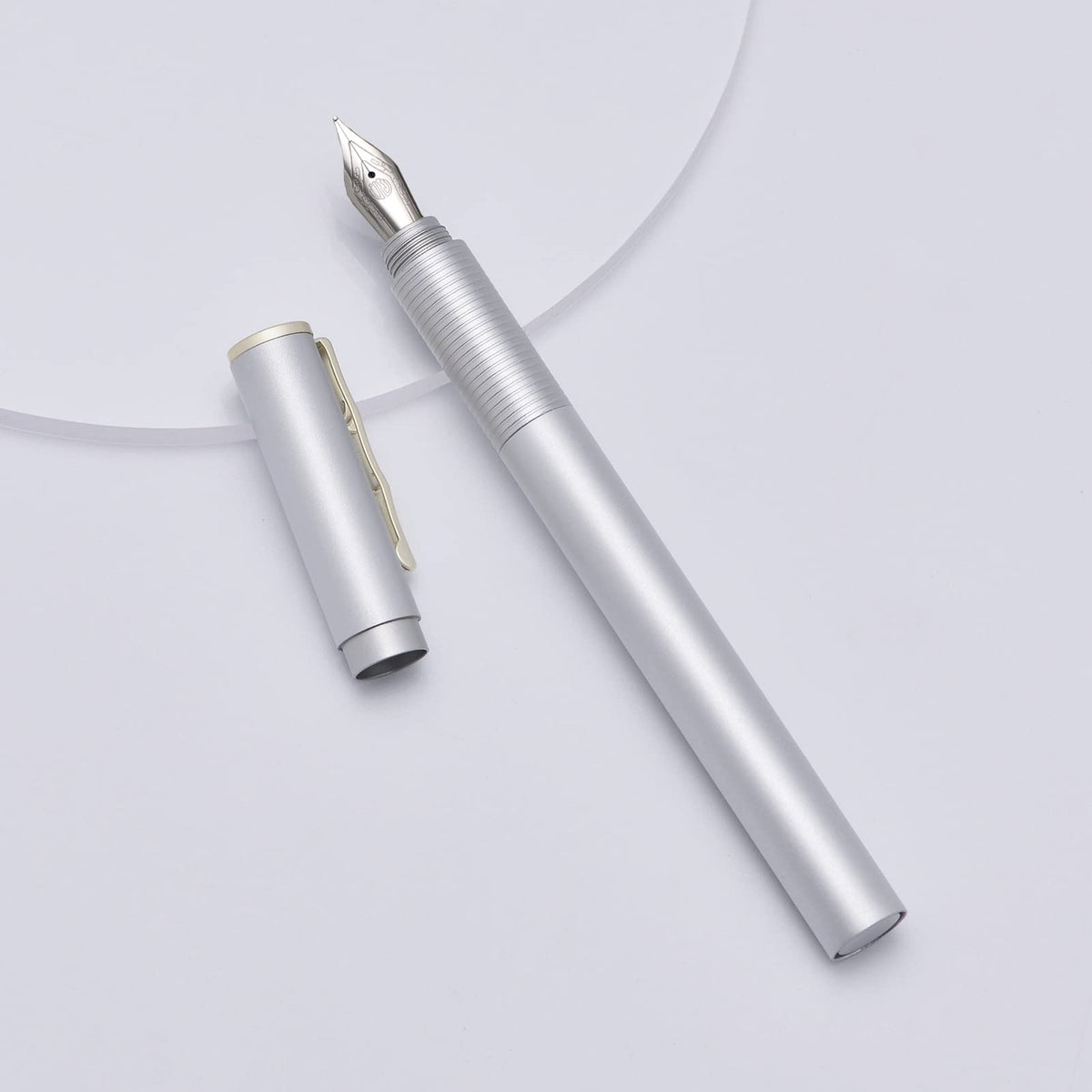 Hongdian H3 Fountain Pen Fine Nib with Bamboo Pen Clip, Silver Aluminum Alloy Writing Pen