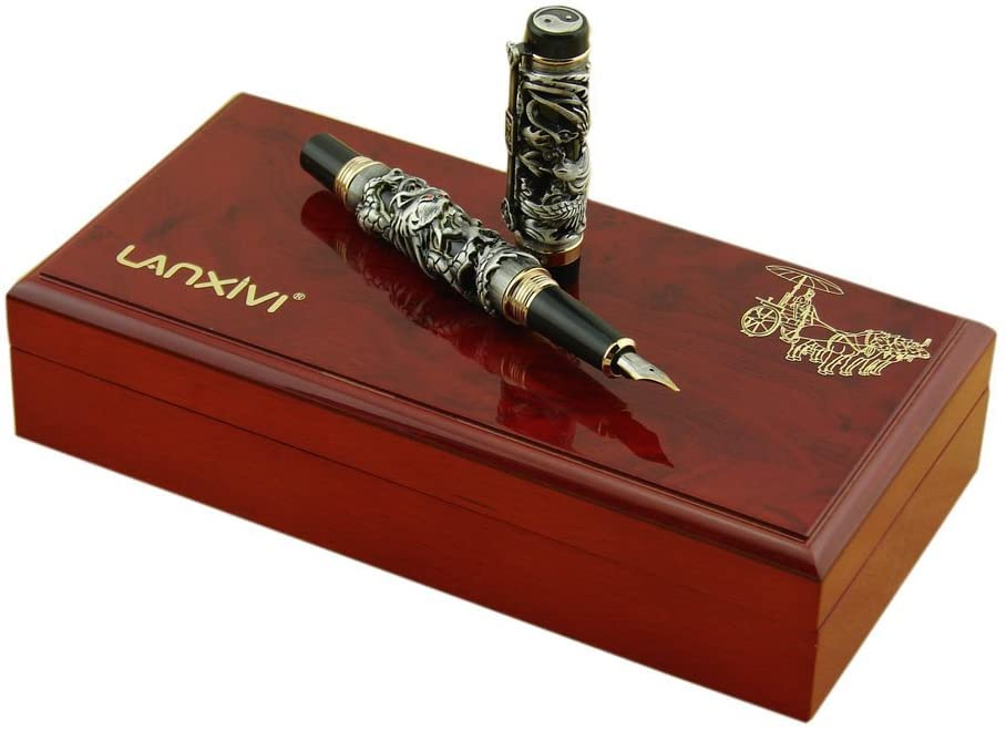Jinhao Dragon Phoenix Fountain Pen Extra Fine Nib Writing Luxury Case Set Vintage Black Collection