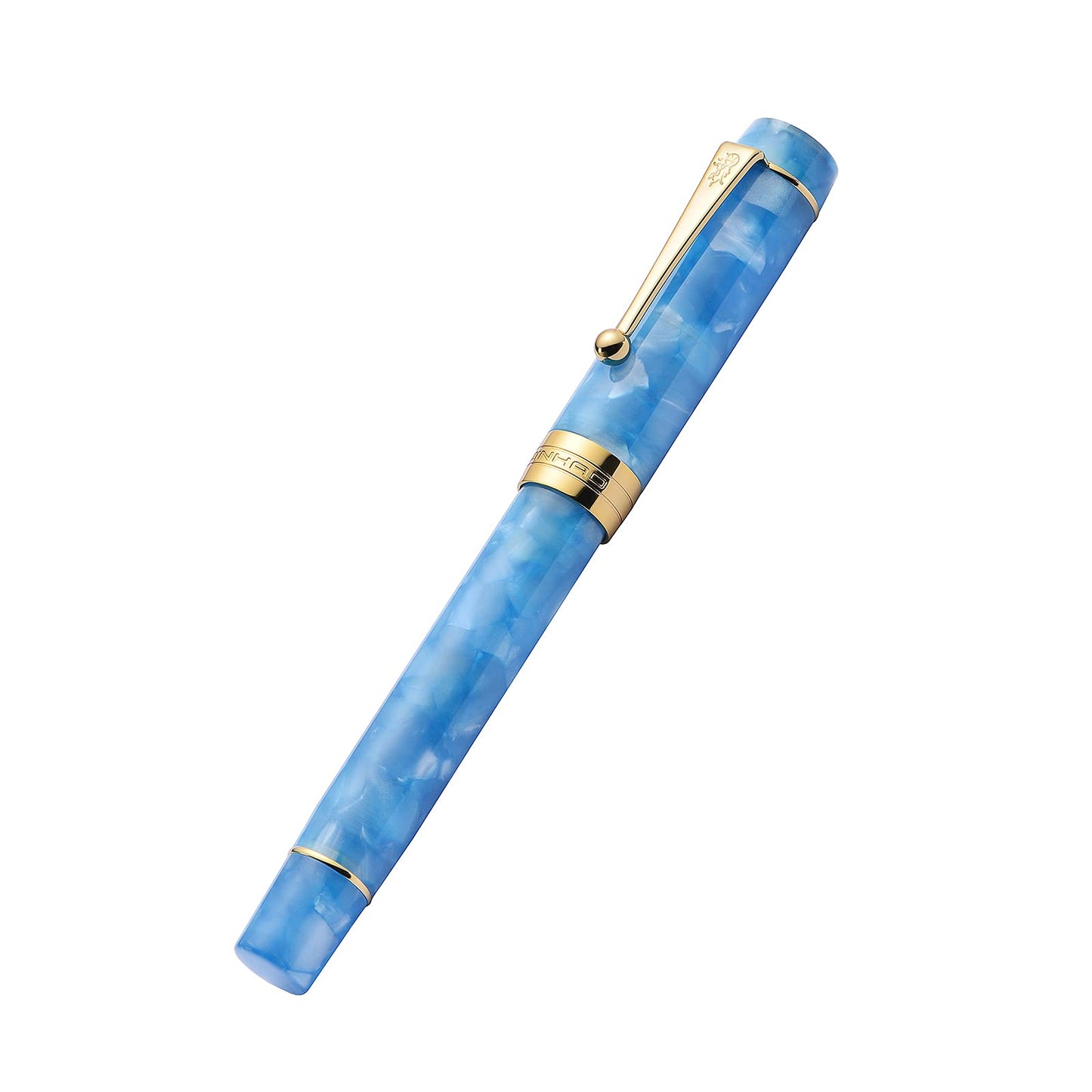 Jinhao 100 Classic Fountain Pen Sky Blue Celluloid Gold Trim, Extra Fine Nib with Converter and Pen