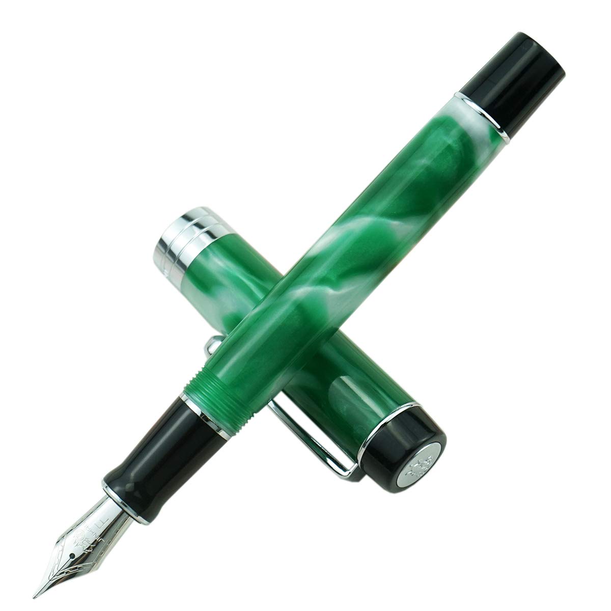 Jinhao 100 Classic Fountain Pen Green White Marble Celluloid, Extra Fine Nib with Converter and Pen