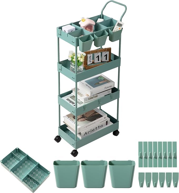 danpinera Slim Storage Cart on Wheels, 4 Tier Narrow Laundry Cart with Hooks Hanging Cups Dividers