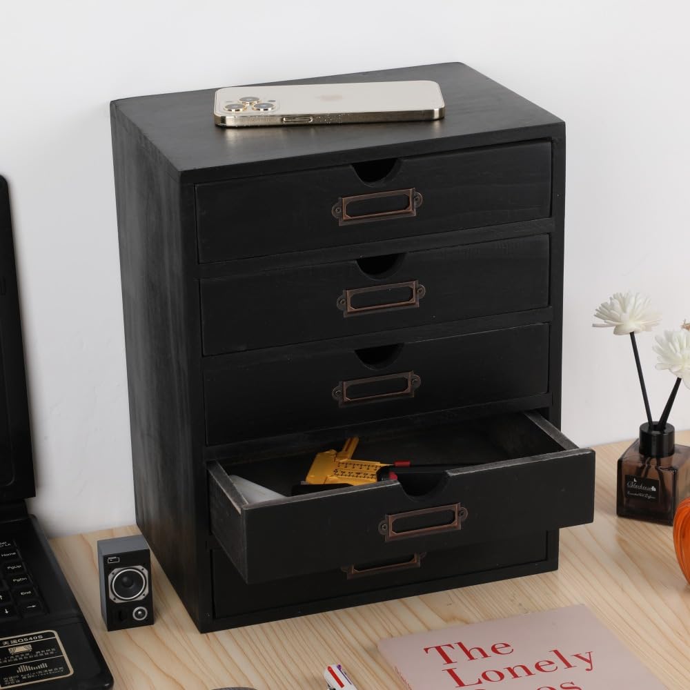 BoxSkivra Small Wooden Drawers Wooden Box with Drawer, Black 5 Wood Drawer