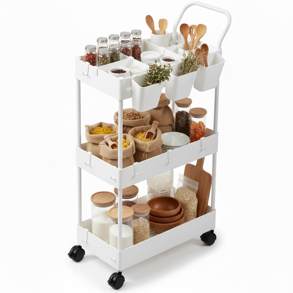 danpinera Storage Cart on Wheels, 3 Tier Slim Laundry with Wheels Bathroom Organizer with Hanging