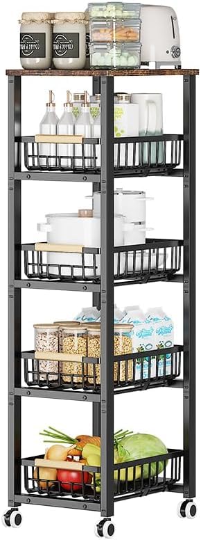 CarolynDesign Metal Wire Baskets with Wheels, Kitchen Storage Stackable Vegetable Fruit Cart Bins