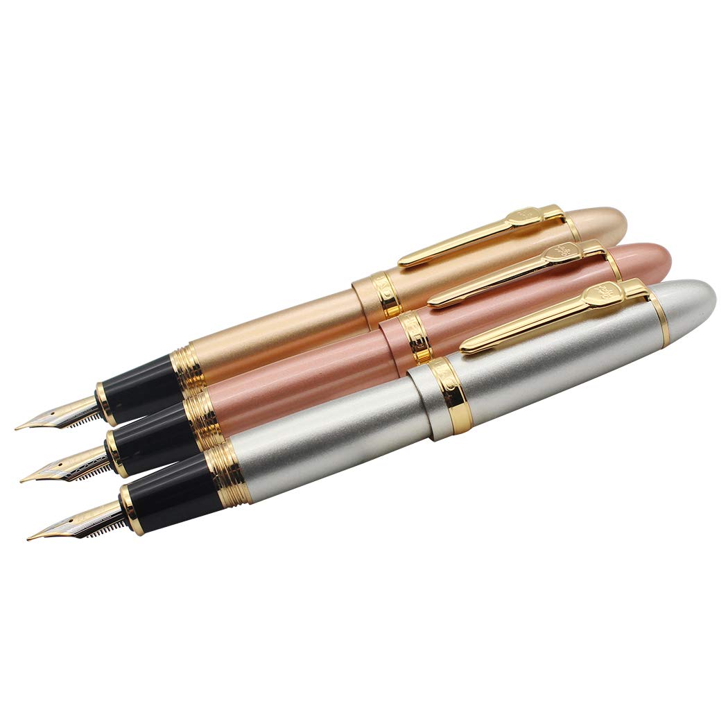 zoohot 3 PCS Jinhao 159 Fountain Pens Medium Golden Trim Big Heavy Pen & Refill Ink Converter